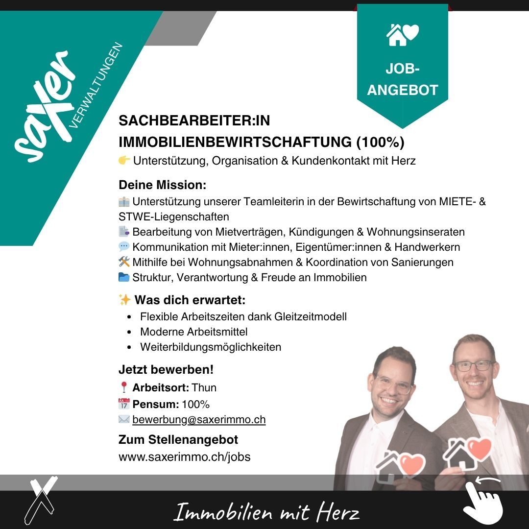Wir suchen dich - Sachbearbeiter-in Immobilienbewirtschaftung 100 Prozent